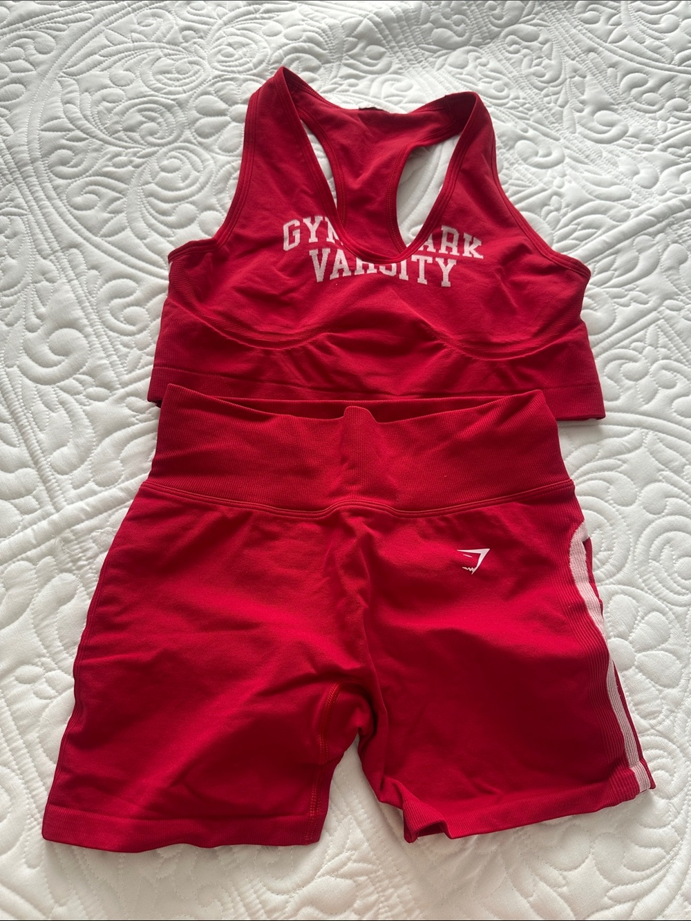 Gymshark Red Seamless Varsity Sports Bra and High-Waist Shorts Set